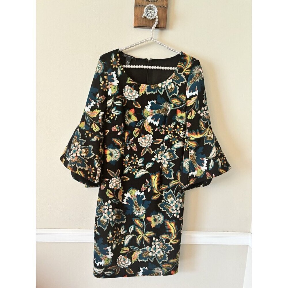 INC International Concepts Size S Black Floral Shift Dress 3/4 Bell Sleeve